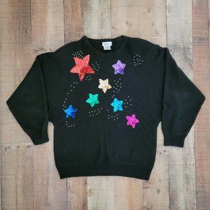 Vintage 80s Sabree Black Knit Sequined Star Sweater